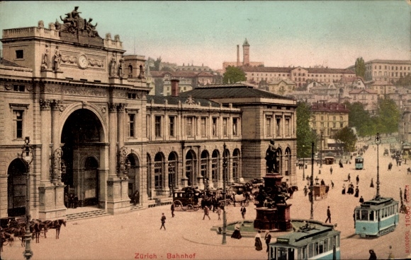 Postcard Zurich Switzerland, station building, tram, monument