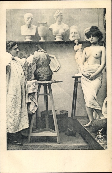 Postcard eroticism, nude model, sculptor, studio
