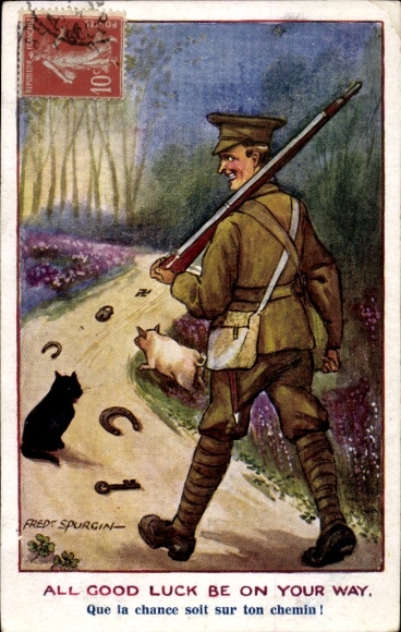 Artist Postcard Spurgin, F., British Soldier, Black Cat, Horseshoe