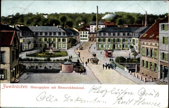 Ak Zweibrücken in der Pfalz, Herzogsplatz mit Bismarckdenkmal