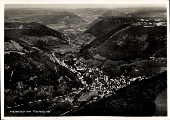 Aerial photograph Wiesensteig in Württemberg, green hills, narrow valleys, quiet village view