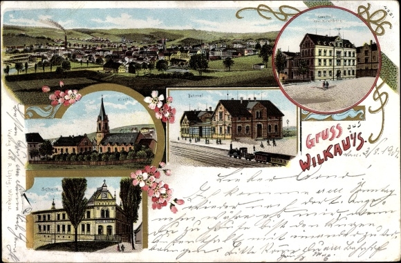 Chromo-Litho Wilkau Haßlau in Saxony, church, train station, inn Stadt Kirchberg, school