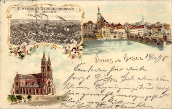 litho Bazel Stad Zwitserland, gedeeltelijk zicht, Münster, Hoffmann's zetmeelfabrieken Bad Salzuflen
