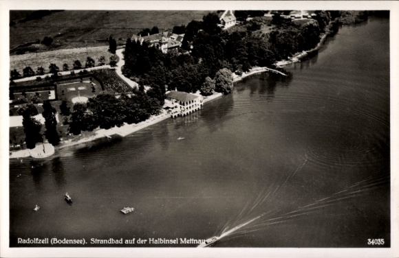 Ak Radolfzell am Bodensee, luchtfoto van het strandbad op het eiland Mettnau