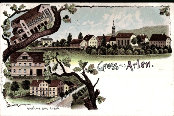 Litho Arlen Rielasingen-Worblingen in Baden, Gesamtansicht, Gasthaus zum Rössle