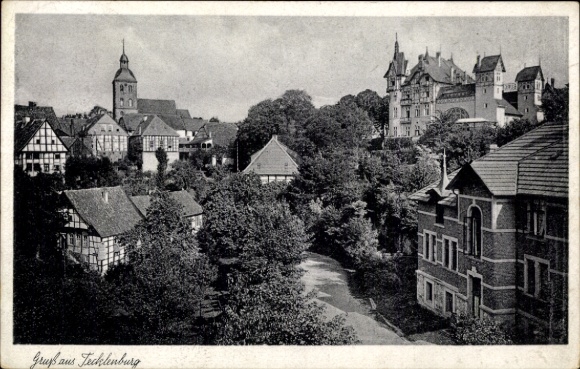 Ak Tecklenburg in Westfalen, Historische Gebäude, Bergen, Fluss, Gruß aus Tecklenburg