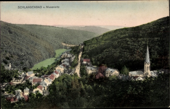 Postcard Schlangenbad in the Taunus Hesse, view of Musensitz, landscape, church
