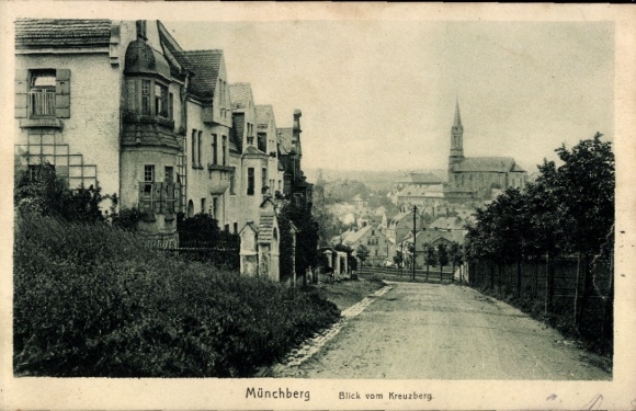Postcard Münchberg in Upper Franconia Bavaria, view from Kreuzberg, street, church