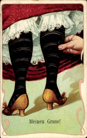 Art Nouveau Chromo-Litho Greetings, woman's legs, stockings, man pinches woman's calf