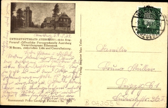 Postcard Blauenthal Eibenstock in the Ore Mountains, Panorama, Accommodation House Auersberg