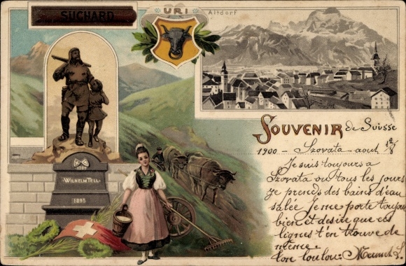 Litho Altdorf Kt. Uri Zwitserland, advertentie Suchard, monument Wilhelm Tell, wapen, boerin