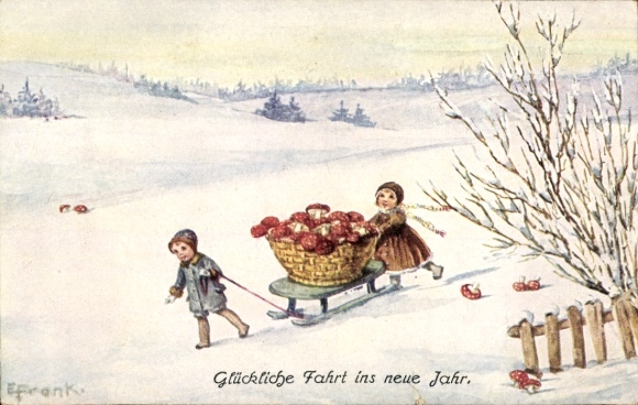 Artist PC Frank, Elly, congratulations on the New Year, children pulling sleighs with fly agarics