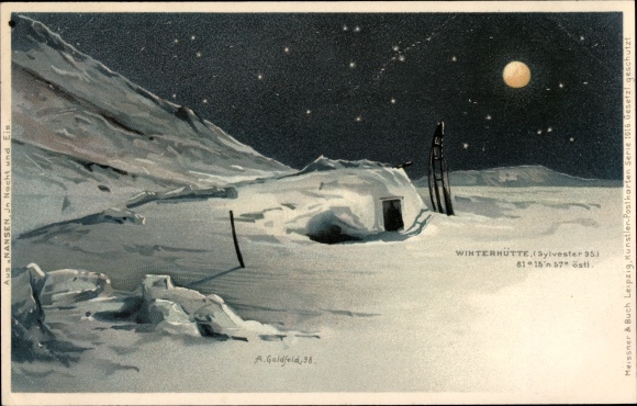 Artist Chromo-Litho Goldfeld, A., polar researcher Fridtjof Nansen, Winterhütte, New Year&#39;s Eve 1898