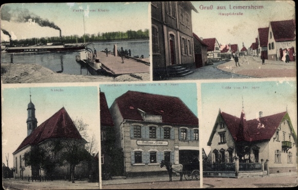 Postcard Leimersheim in the Palatinate, Rhine ferry, main street, church, villa, inn