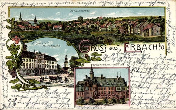 Litho Erbach im Odenwald Hessen, Schloss, Kreisamtsgebäude, Totalansicht