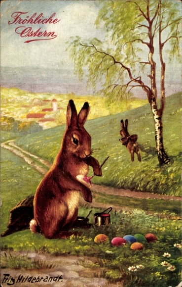 Kunstenaarskaart Hildebrandt, F., gefeliciteerd Pasen, paashaas eieren schilderen, berk