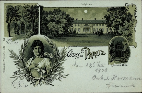Moonlight Chromo-Litho Paretz Ketzin on the Havel, Siroh Pavilion, portrait of Queen Louise, gate, castle