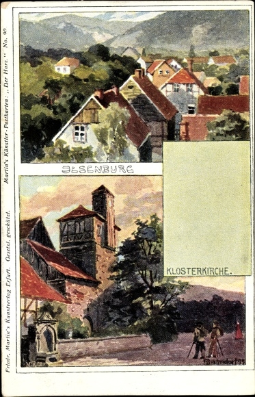 Kunstenaarskaart Bahndorf, H., Ilsenburg am Nordharz, uitzicht over de plaats, kloosterkerk