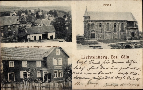 Ak Lichtenberg Morsbach in de wijk Oberberg, kerk, herberg en slagerij
