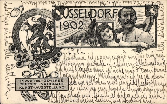 Art Nouveau PC Düsseldorf, exhibition 1902, coat of arms, lucky clover, man with hammer