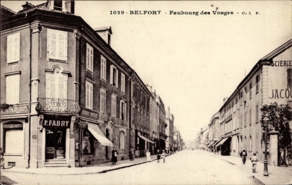 Postcard Belfort Beffert Beffort Territoire de Belfort, Faubourg des Vosges, shops, P.FABRY, SCIERI