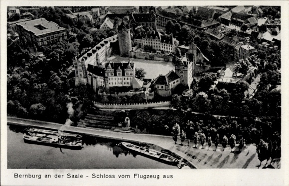 Postcard Bernburg an der Saale, castle, aerial photograph
