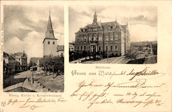 Postcard Wald im Rheinland Solingen, Protestant Church, War Memorial, Town Hall