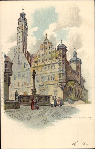 Kunstenaar litho Hammel, Otto, Rothenburg ob der Tauber Midden-Franken, zicht op het stadhuis
