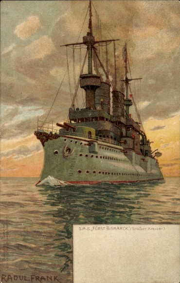 Artist Chromo-Litho Frank, Raoul, German warship, SMS prince Bismarck