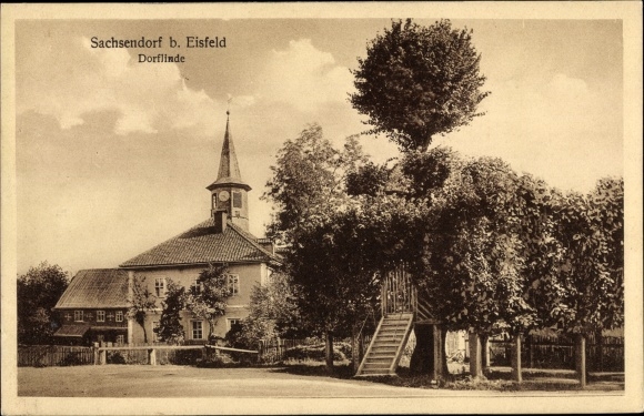 Postcard Sachsendorf Sachsenbrunn Eisfeld in Thuringia, village linden tree, church