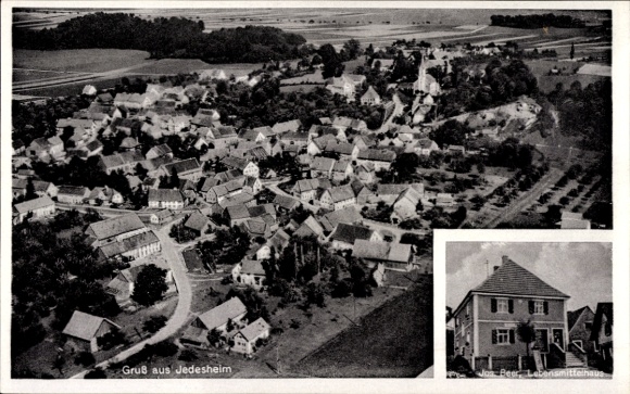 Postcard Jedesheim Illertissen in Swabia, aerial photograph, grocery store Jos. Beer