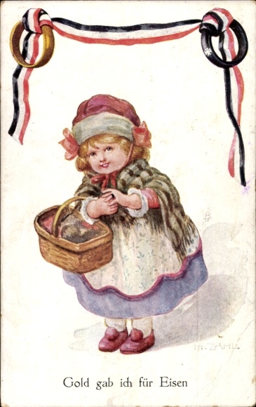 Artist Postcard Zahl, H., I gave gold for iron, girl, patriotism