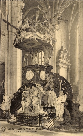 Ak Gand Gent Oost-Vlaanderen, Sint-Baafskathedraal, Preekstoel van de Waarheid, Barokke sculpturen