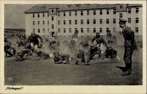 Postcard soldiers during the exercise, Lie down!, barracks yard
