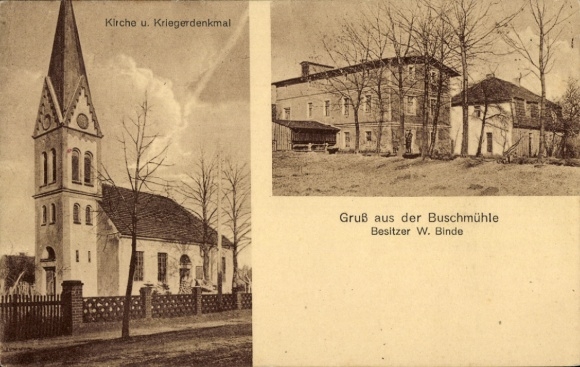 Postcard Buschmühle Schmiedeberg Dippoldiswalde in the Eastern Ore Mountains, church, war memorial, greetings from ...