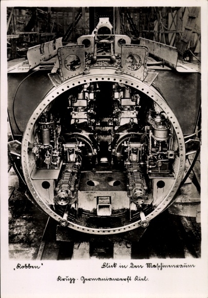 Postcard Krupp Germania-Werft Kiel, Robben, view into the engine room
