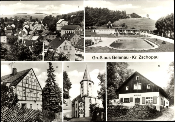 Postcard Gelenau in the Ore Mountains, overview, outdoor pool, half-timbered house, church, excursion restaurant Waldhof