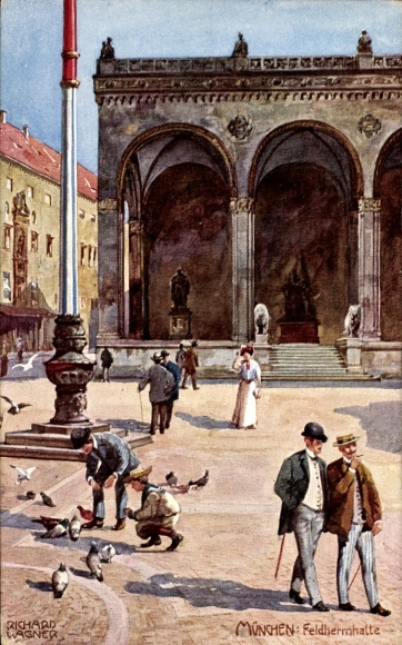 Künstler Ak Richard Wagner, München, Feldherrnhalle, Taubenfütterung