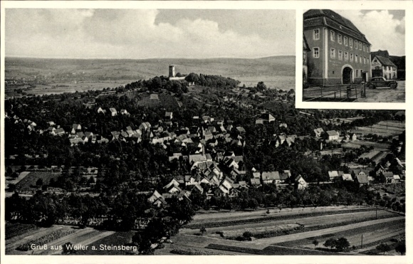 Postcard Weiler Sinsheim in Baden, Burg Steinsberg, aerial photograph, Wirtschaft zur Rose