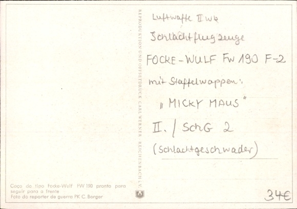 Postcard German Air Force, fighter aircraft Focke Wulf Fw 190 F 2, squadron emblem Micky Mouse, II. SchG 2