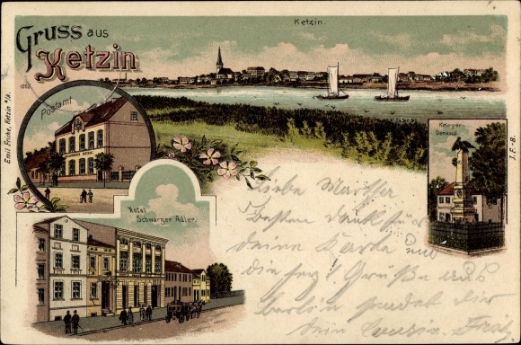 Chromo-Litho Ketzin an der Havel, post office, Hotelschwarzer Adler, war memorial