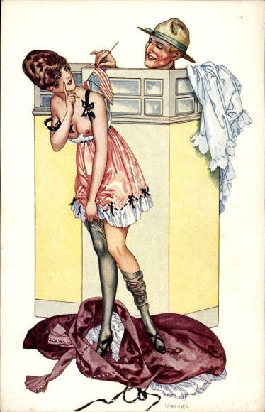 Artist Postcard Herouard, lovers, woman in underwear, soldier in uniform, American flag