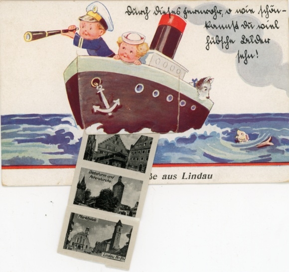 Leporello Postcard Lindau on Lake Constance Swabia, market square, St. Peter's Church, steamer