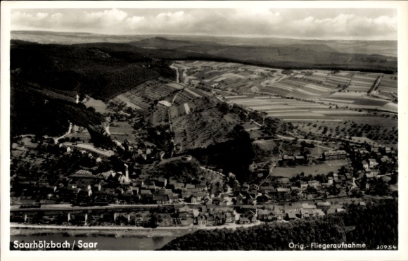 Postcard Saarhölzbach Mettlach in Saarland, aerial photograph