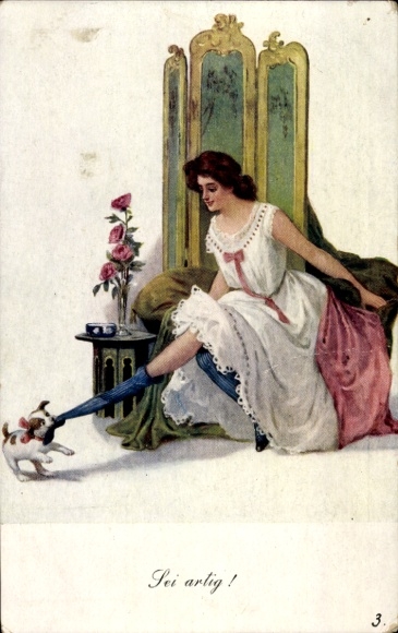 Postcard Be good, Little dog pulls pantyhose, underwear, rose