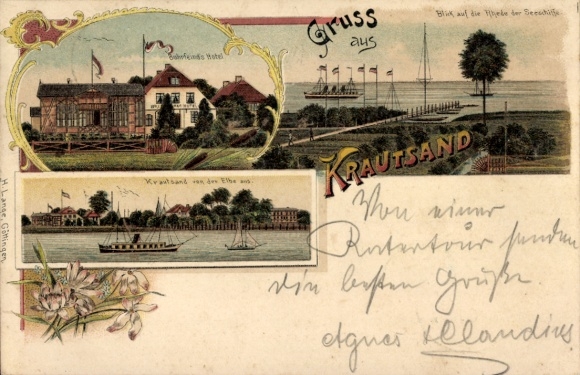 Chromo-Litho Elbinsel Krautsand Drochtersen in the district of Stade, Buhrfeinds Hotel, roadstead of the seagoing vessels