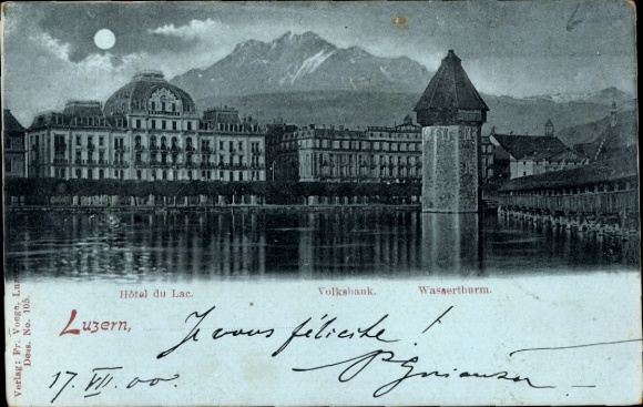 Moonlight Postcard Lucerne City Switzerland, Hotel, Volksbank, Water Tower