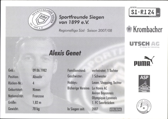 Autograph card footballer Alexis Genet, Sportfreunde Siegen, autograph
