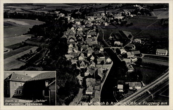 Postcard Unterrodach Marktrodach in Upper Franconia, aerial photograph, restaurant and butcher shop Dehler