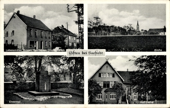 Postcard Giften Sarstedt Lower Saxony, Otto Rybarsch shop, church, memorial, Dismer farm